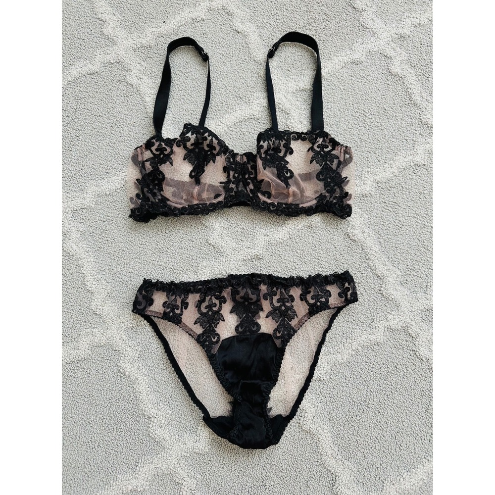Vintage Fleur of England Silk Lace Lingerie Set Medium Black Sheer Mesh Bra Set